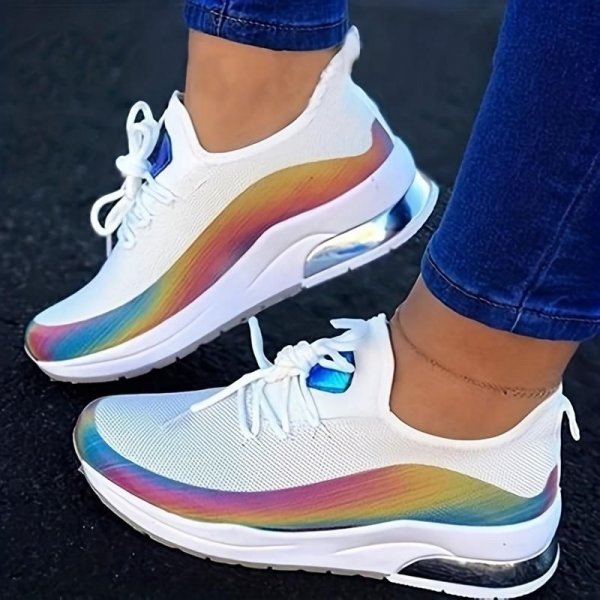 Women's Holographic Mesh Platform Running Shoes - Air Cushion Low Top Sneakers for Casual Walking