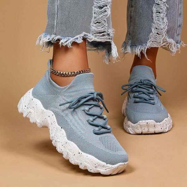 Women's Breathable Fabric Socks Sneakers, Flying Woven Lace-Up Chunky Sneakers, Elastic Running Shoes