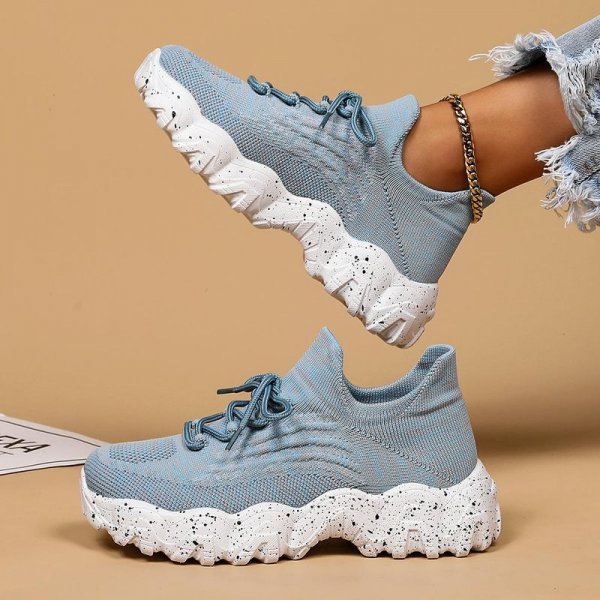 Women's Breathable Fabric Socks Sneakers, Flying Woven Lace-Up Chunky Sneakers, Elastic Running Shoes