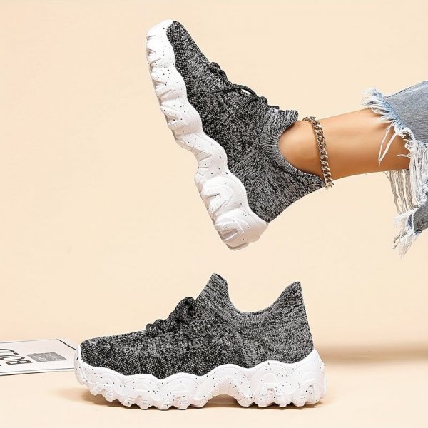 Women's Breathable Fabric Socks Sneakers, Flying Woven Lace-Up Chunky Sneakers, Elastic Running Shoes