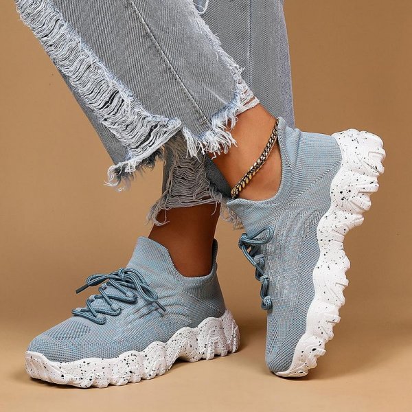 Women's Breathable Fabric Socks Sneakers, Flying Woven Lace-Up Chunky Sneakers, Elastic Running Shoes